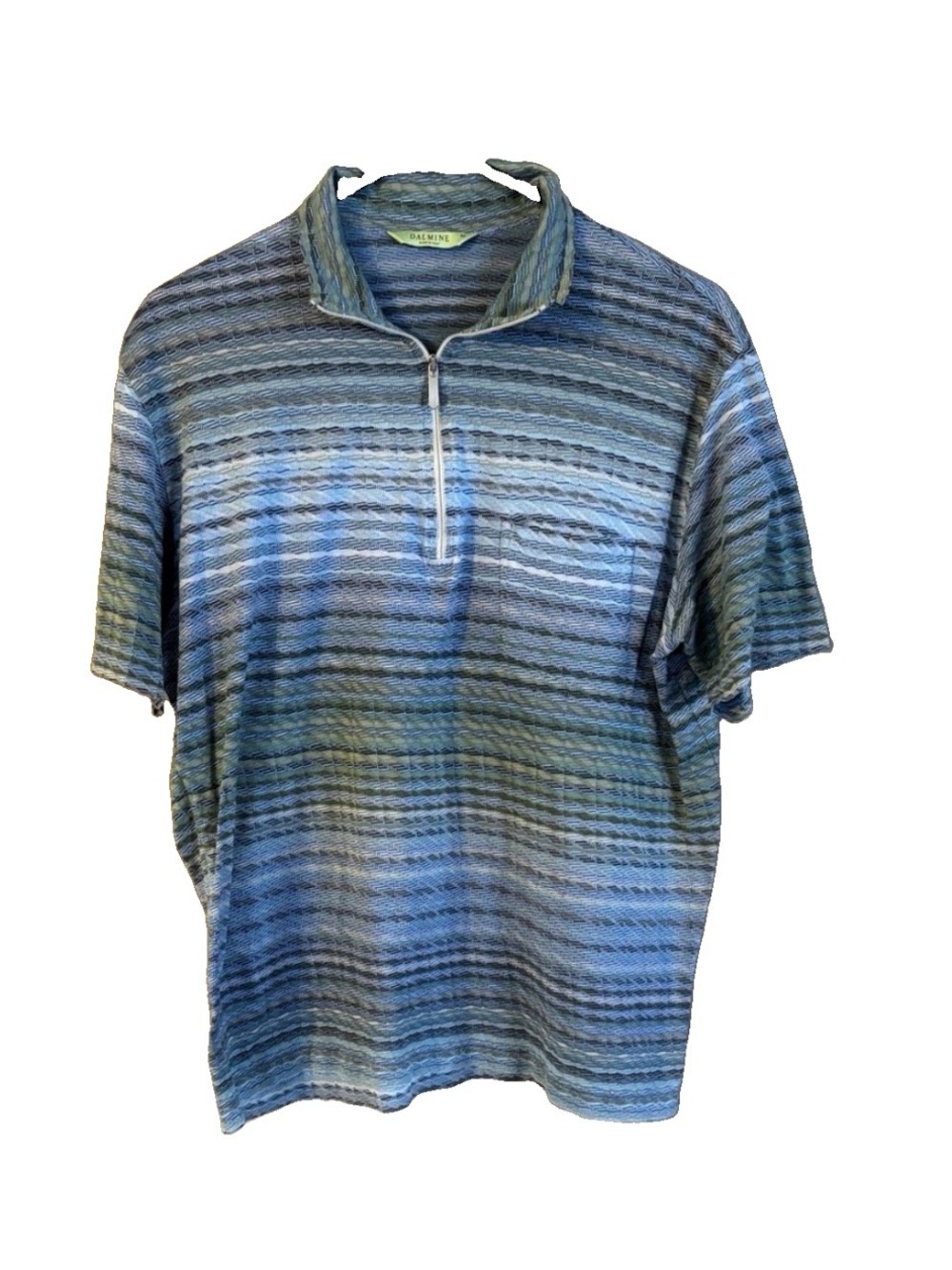 Dalmine Italian Men's Blue and Green Striped Short Sleeve Golf Q-Zip Polo Sz 52